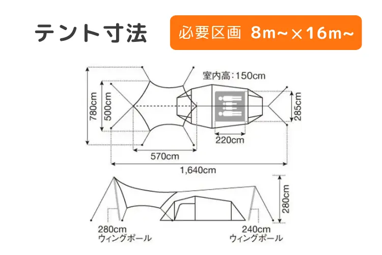 ヴォールト＋アメニティタープ ヘキサLセット_2テント寸法